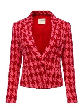 L'AGENCE Brooke Pink & Red Houndstooth Double-Breasted cropped Blazer